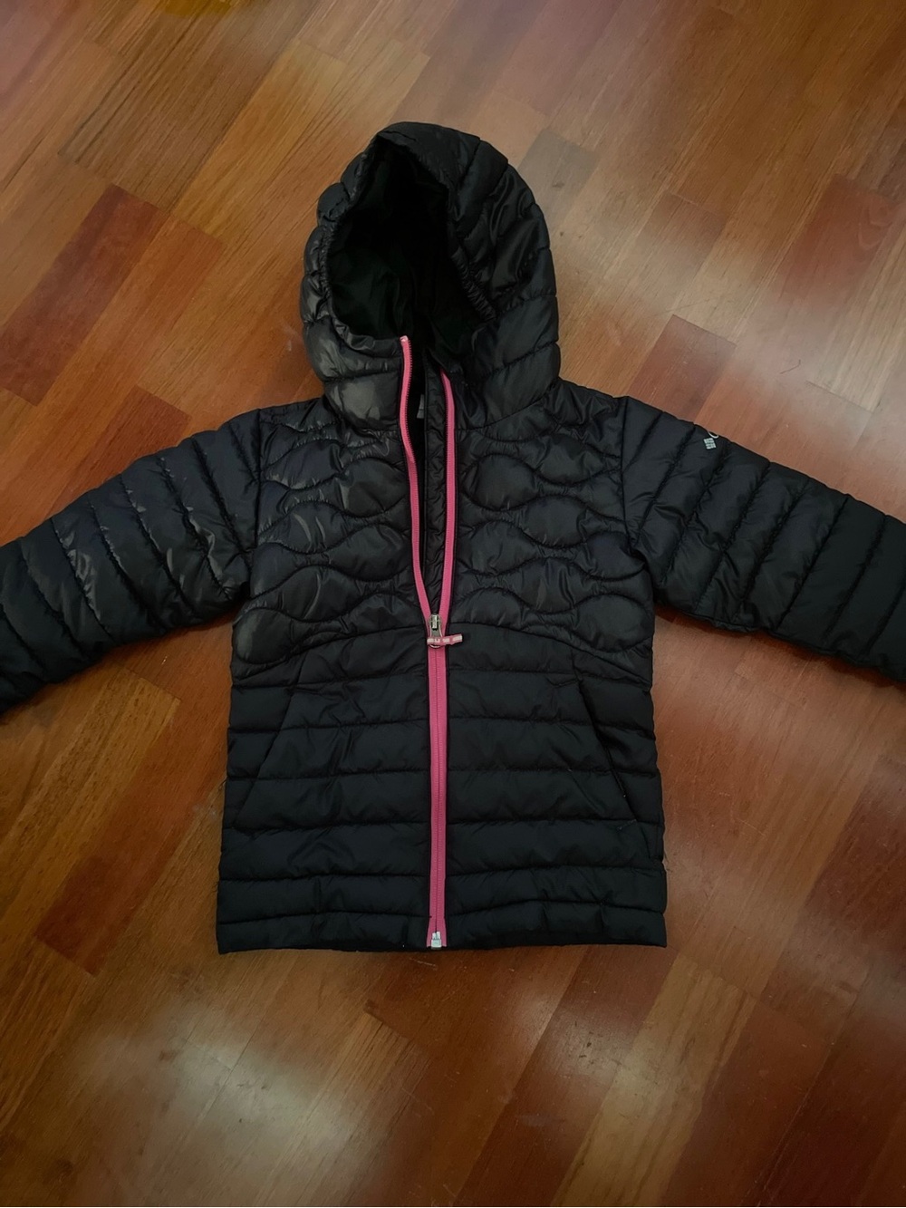 Columbia Black Puffer Jacket with Pink Zip Trim
